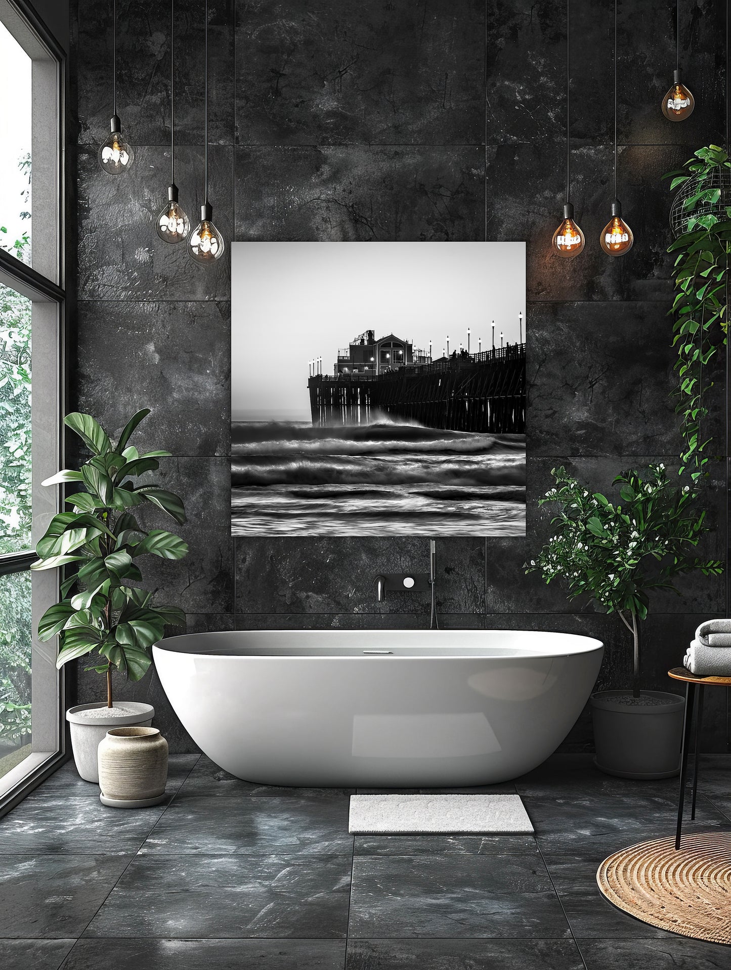 "Moonlighting" Oceanside California fine art photography by Craig Meyer showing moonlight coastal scene in black and white photograph of a Oceanside pier over water, displayed as a square wall art print in a modern bathroom